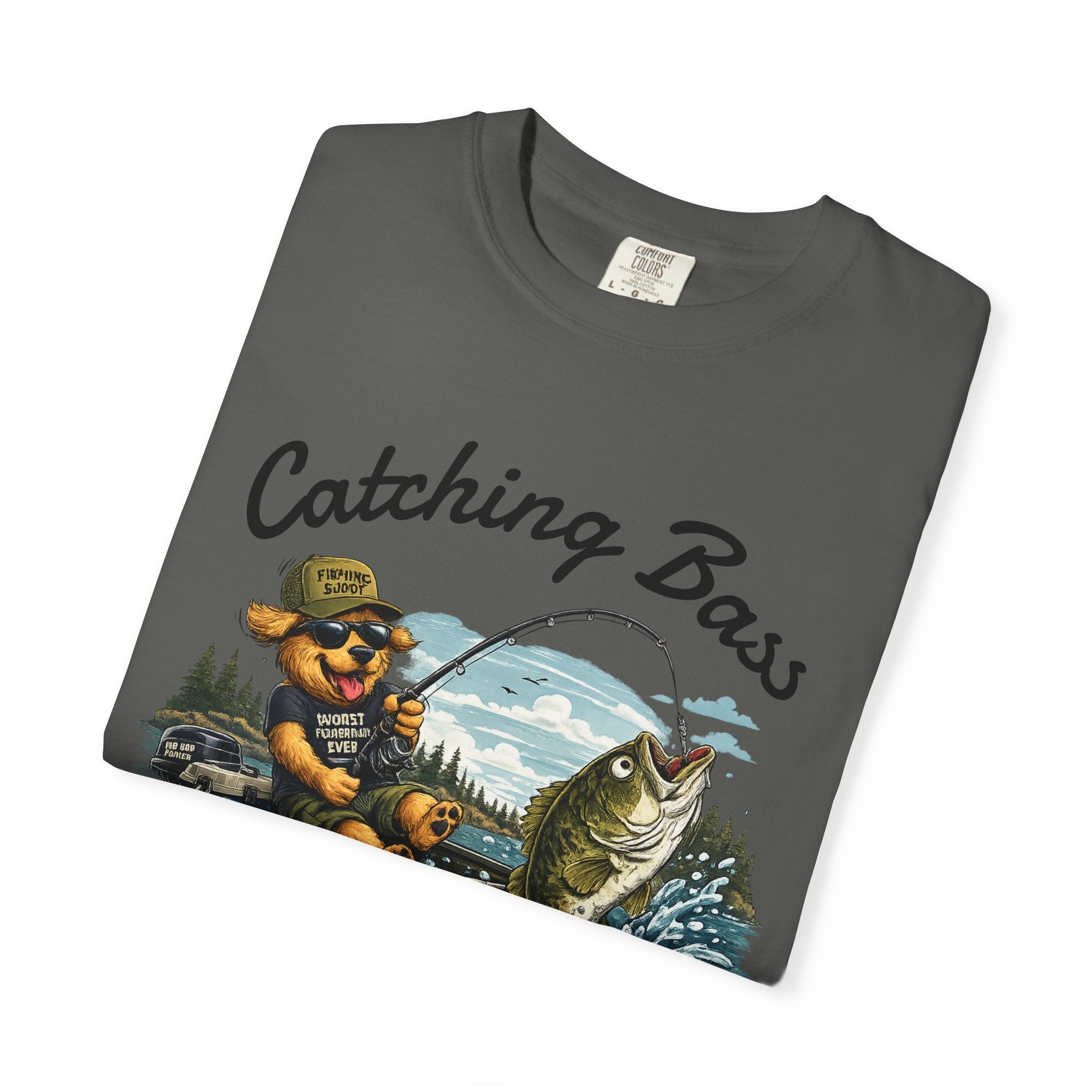 Fishing Dog T-Shirt — Cute Dog Angler in Boat Catching Big Bass