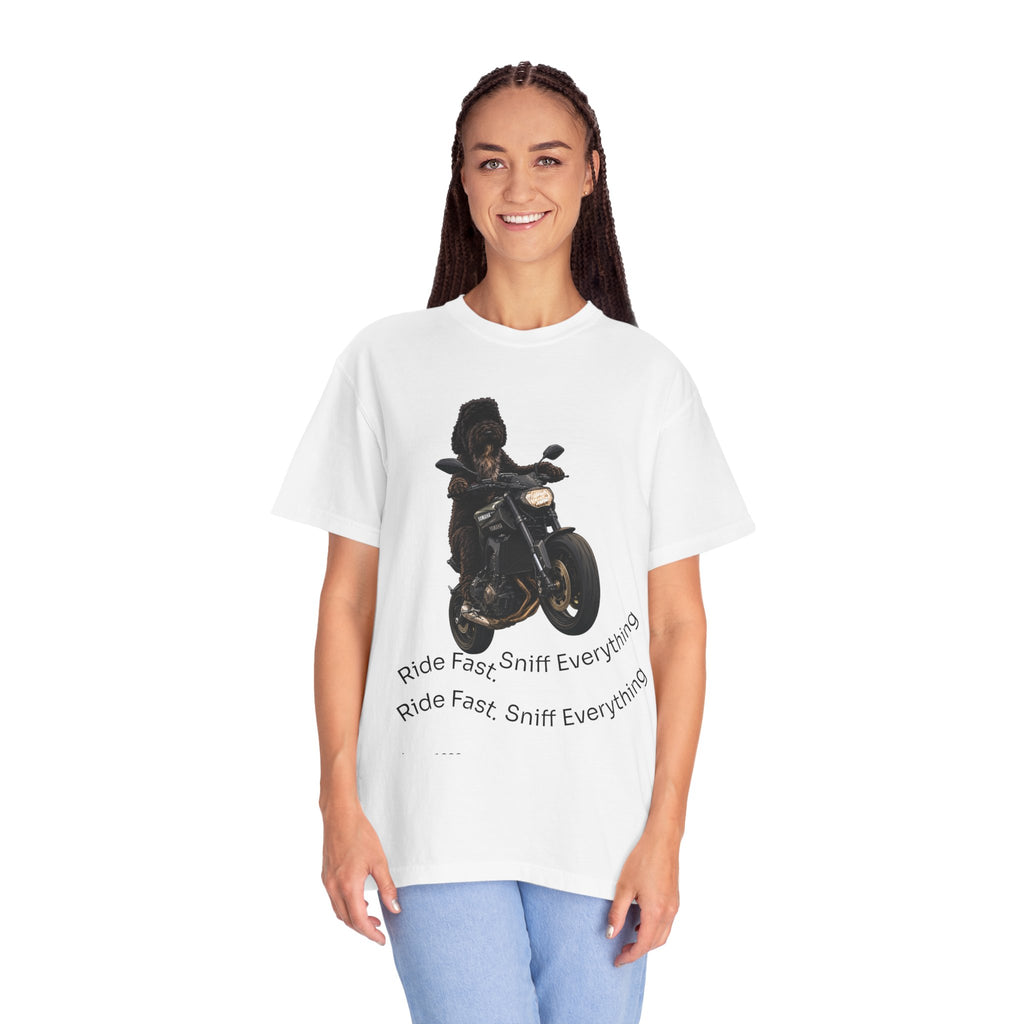 Dog Motorcycle Tee — "Ride Fast, Sniff Everything" Graphic T-Shirt