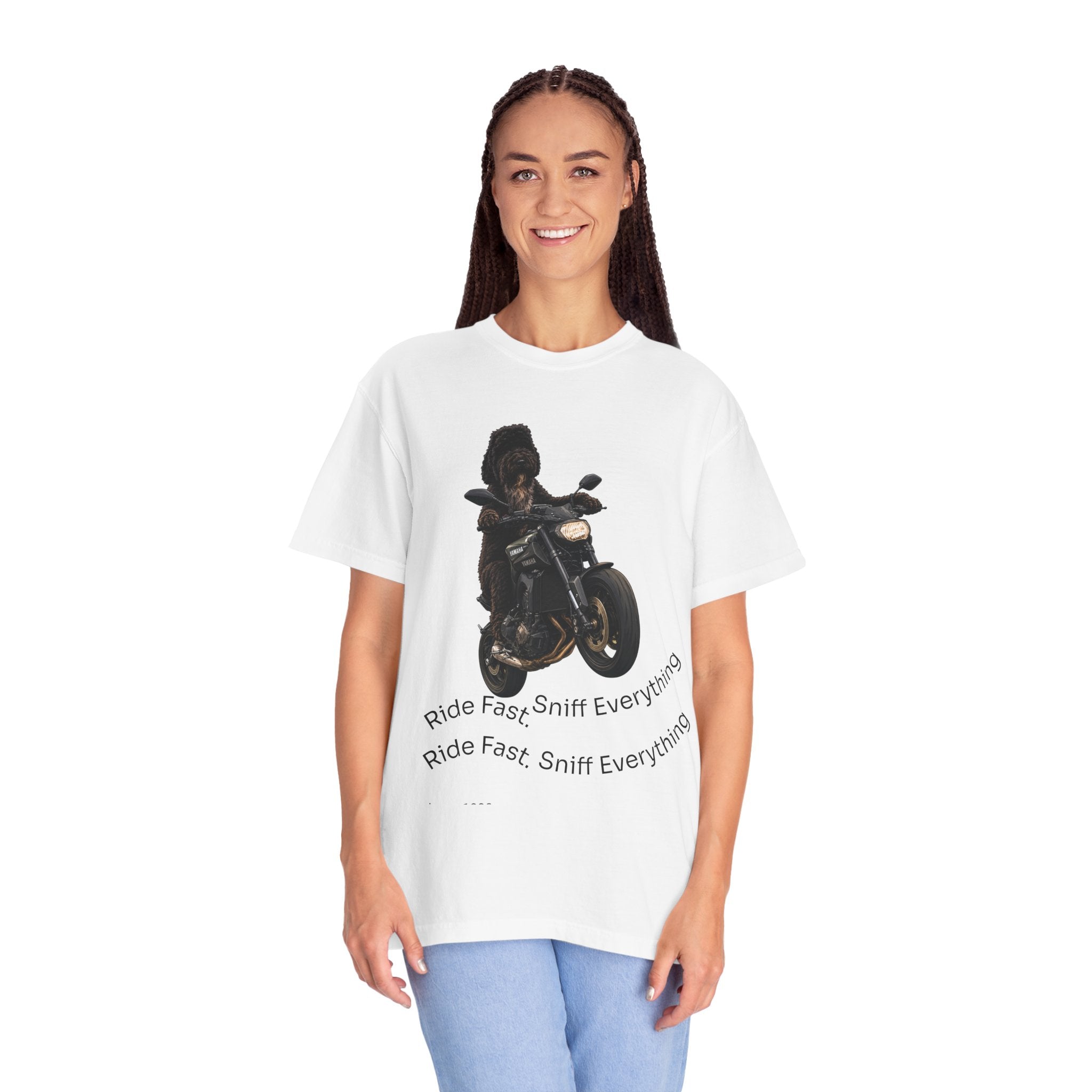Dog Motorcycle Tee — "Ride Fast, Sniff Everything" Graphic T-Shirt