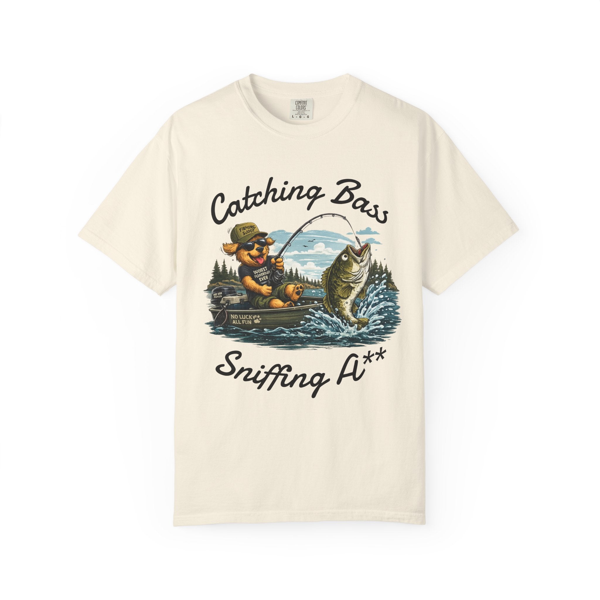 Fishing Dog T-Shirt — Cute Dog Angler in Boat Catching Big Bass