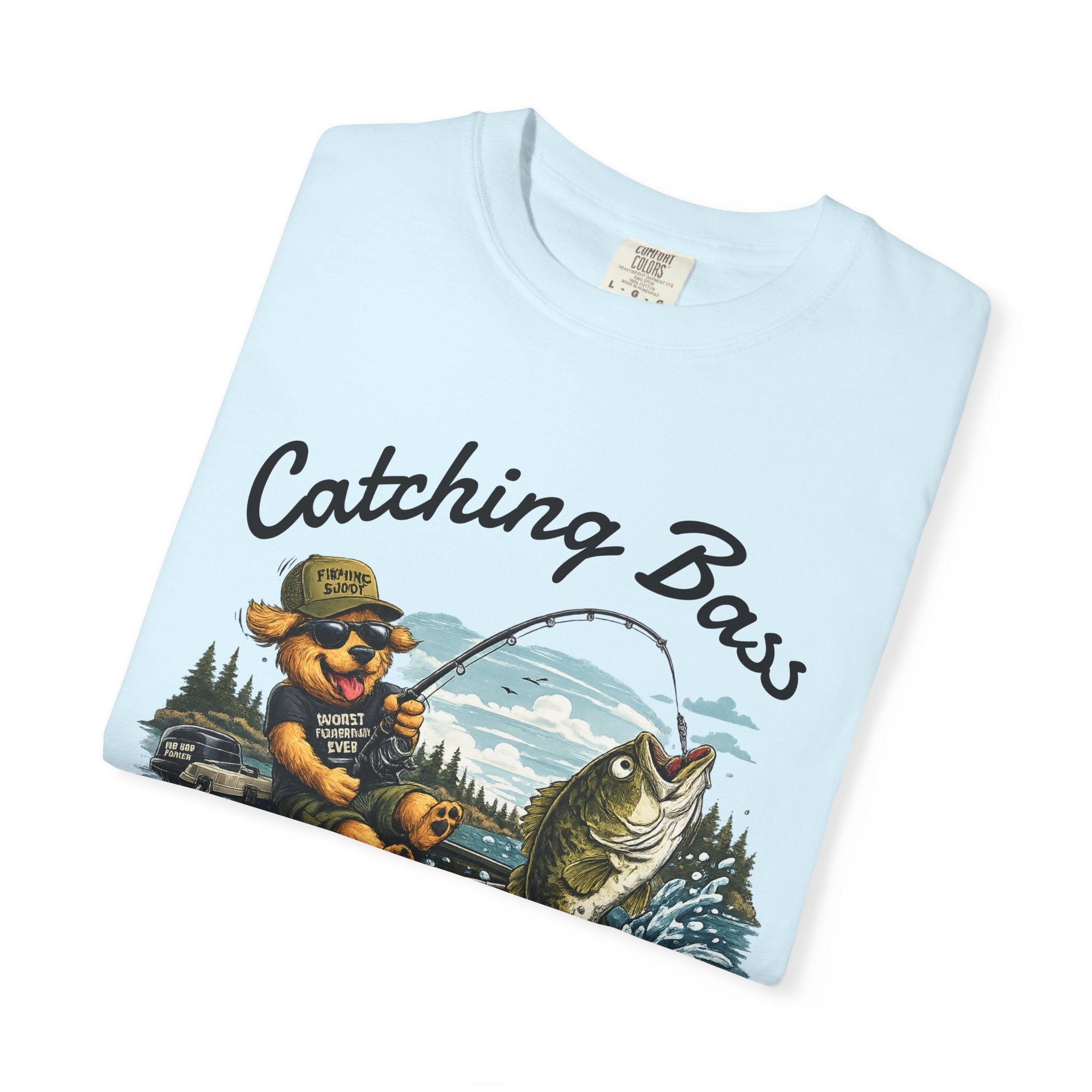 Fishing Dog T-Shirt — Cute Dog Angler in Boat Catching Big Bass