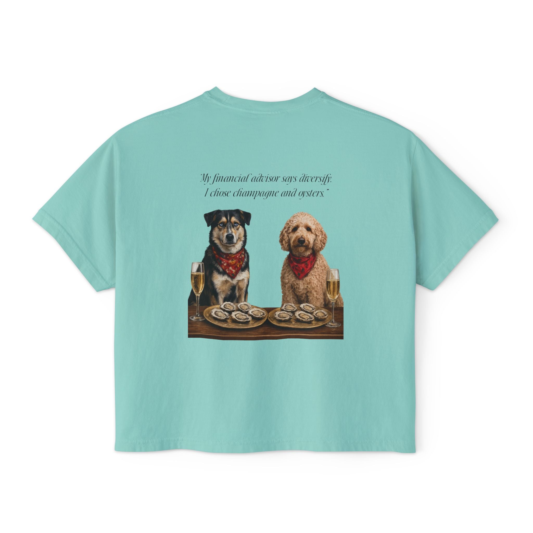 Barnshire CC "Champagne Dogs" Boxy Tee — Cute Dogs & Oysters Graphic