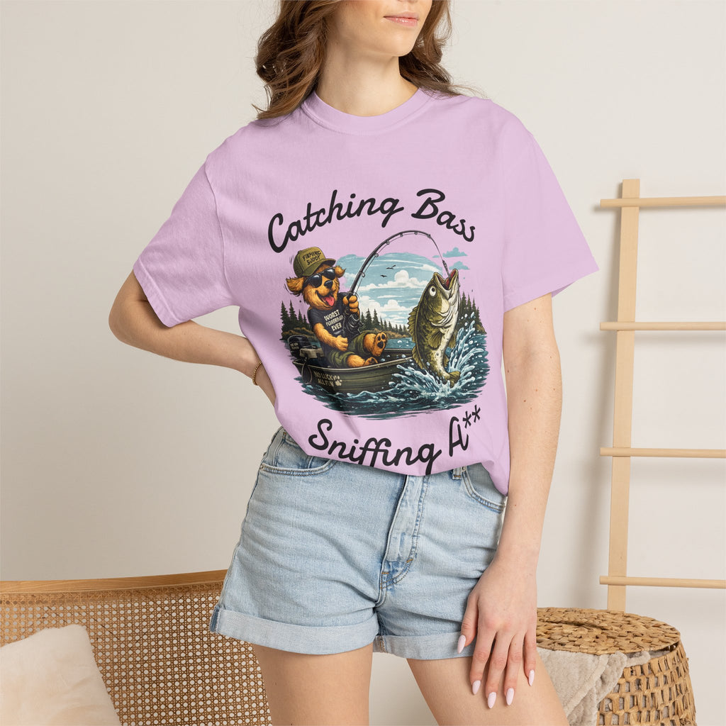 Fishing Dog T-Shirt — Cute Dog Angler in Boat Catching Big Bass