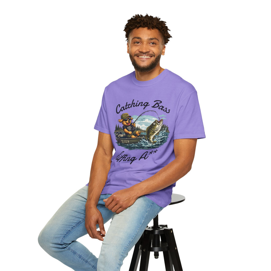 Fishing Dog T-Shirt — Cute Dog Angler in Boat Catching Big Bass