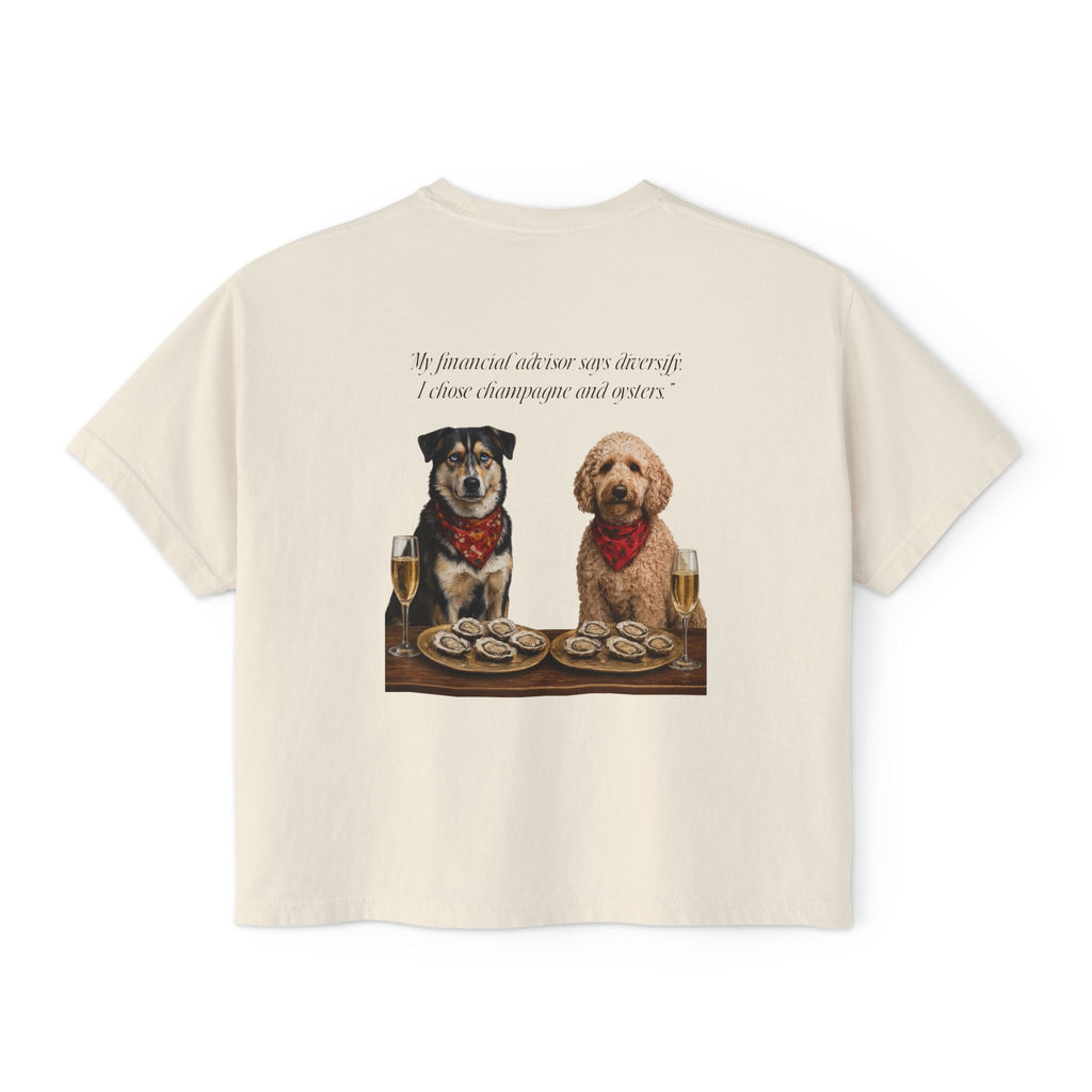 Barnshire CC "Champagne Dogs" Boxy Tee — Cute Dogs & Oysters Graphic