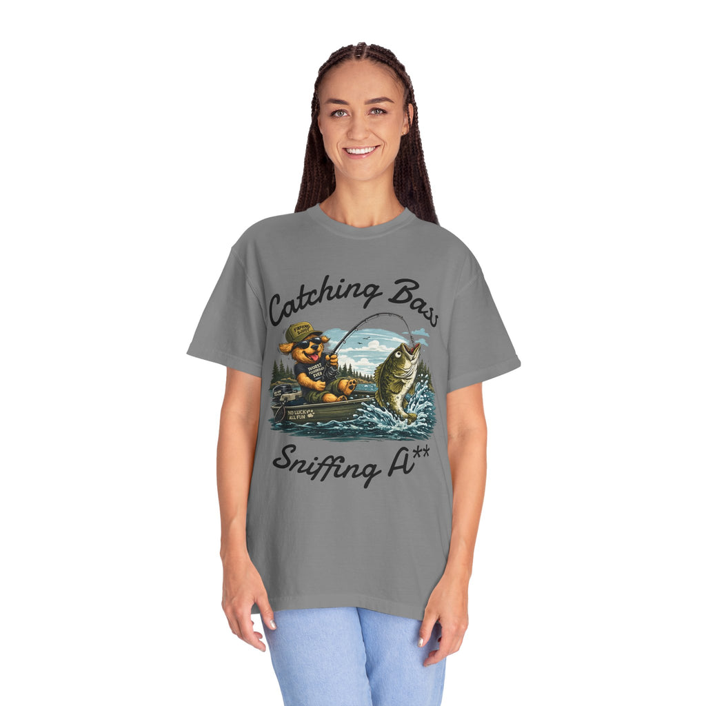 Fishing Dog T-Shirt — Cute Dog Angler in Boat Catching Big Bass