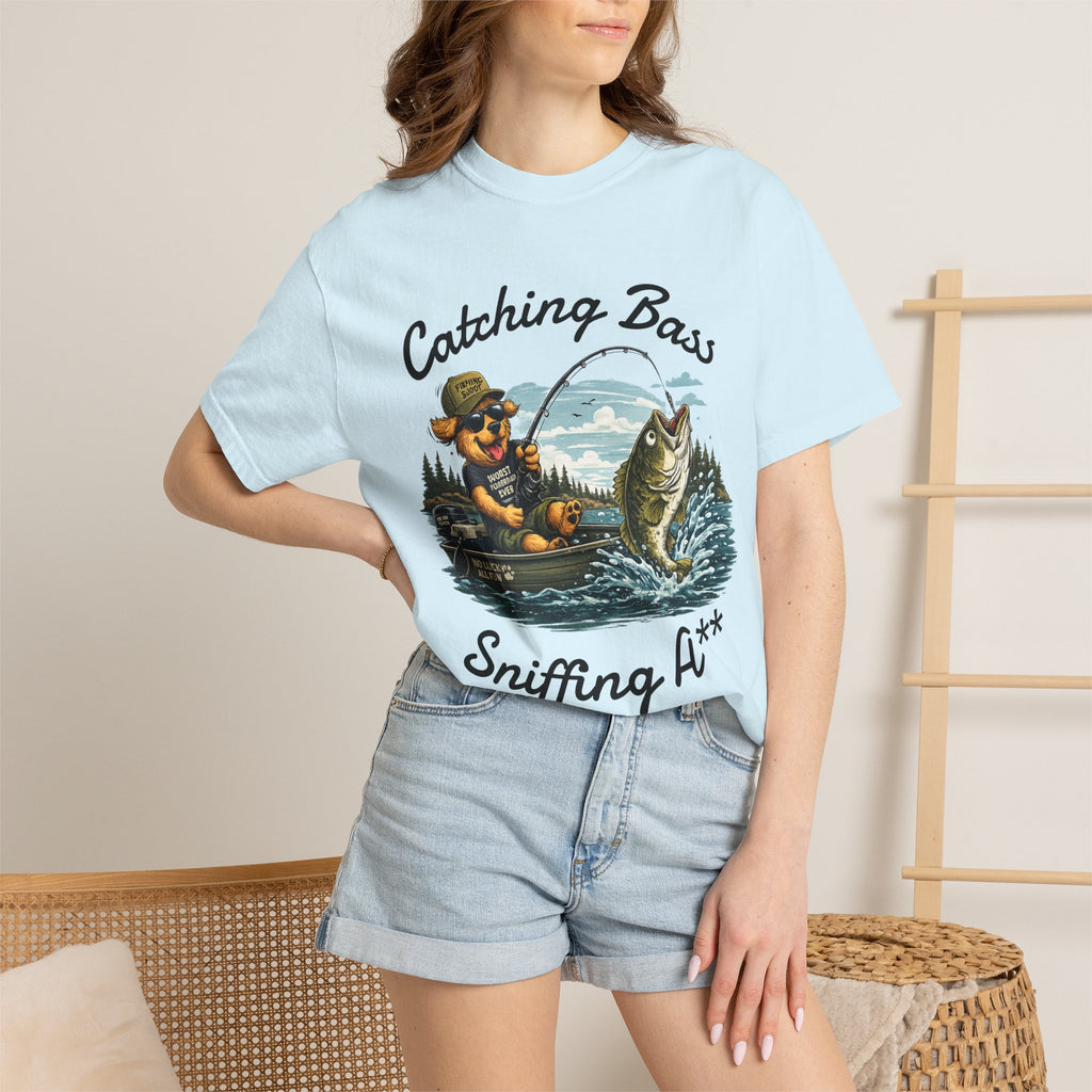Fishing Dog T-Shirt — Cute Dog Angler in Boat Catching Big Bass