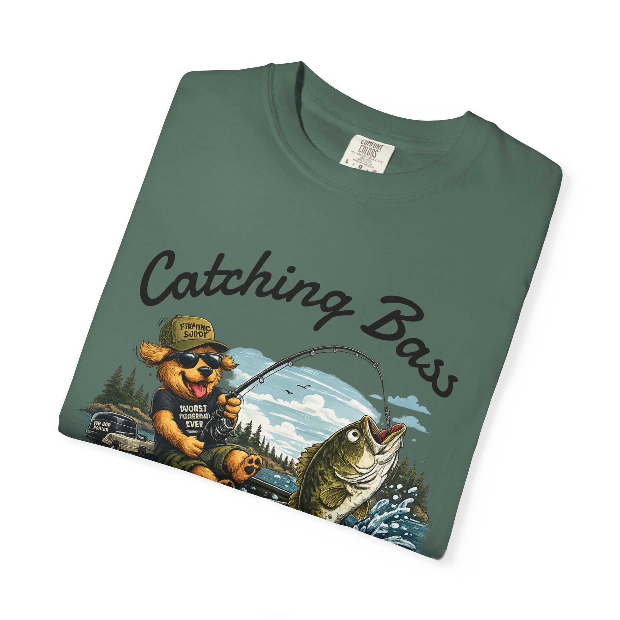 Fishing Dog T-Shirt — Cute Dog Angler in Boat Catching Big Bass
