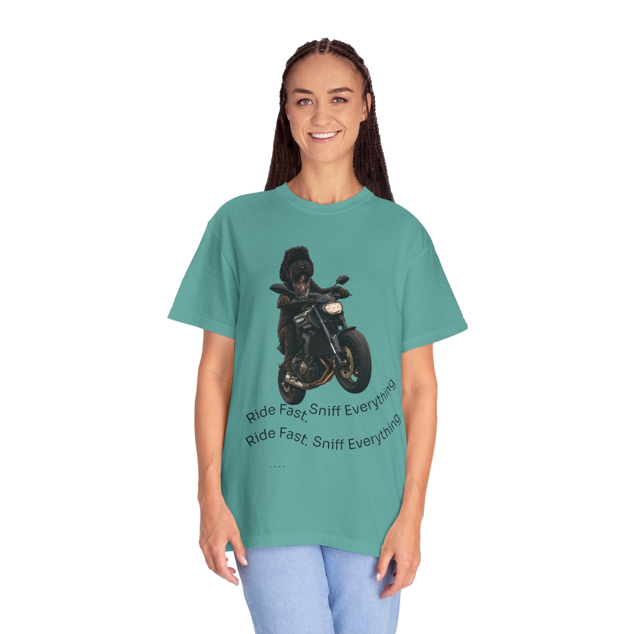 Dog Motorcycle Tee — "Ride Fast, Sniff Everything" Graphic T-Shirt