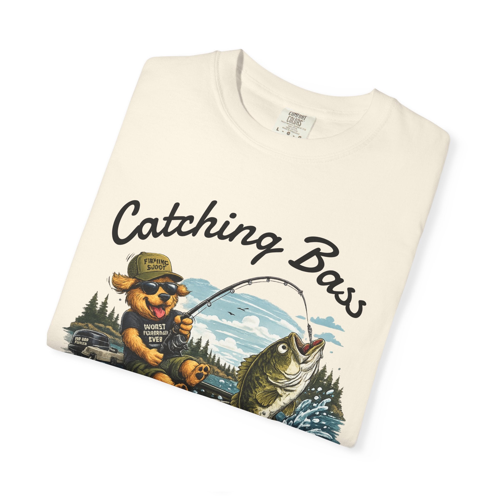 Fishing Dog T-Shirt — Cute Dog Angler in Boat Catching Big Bass