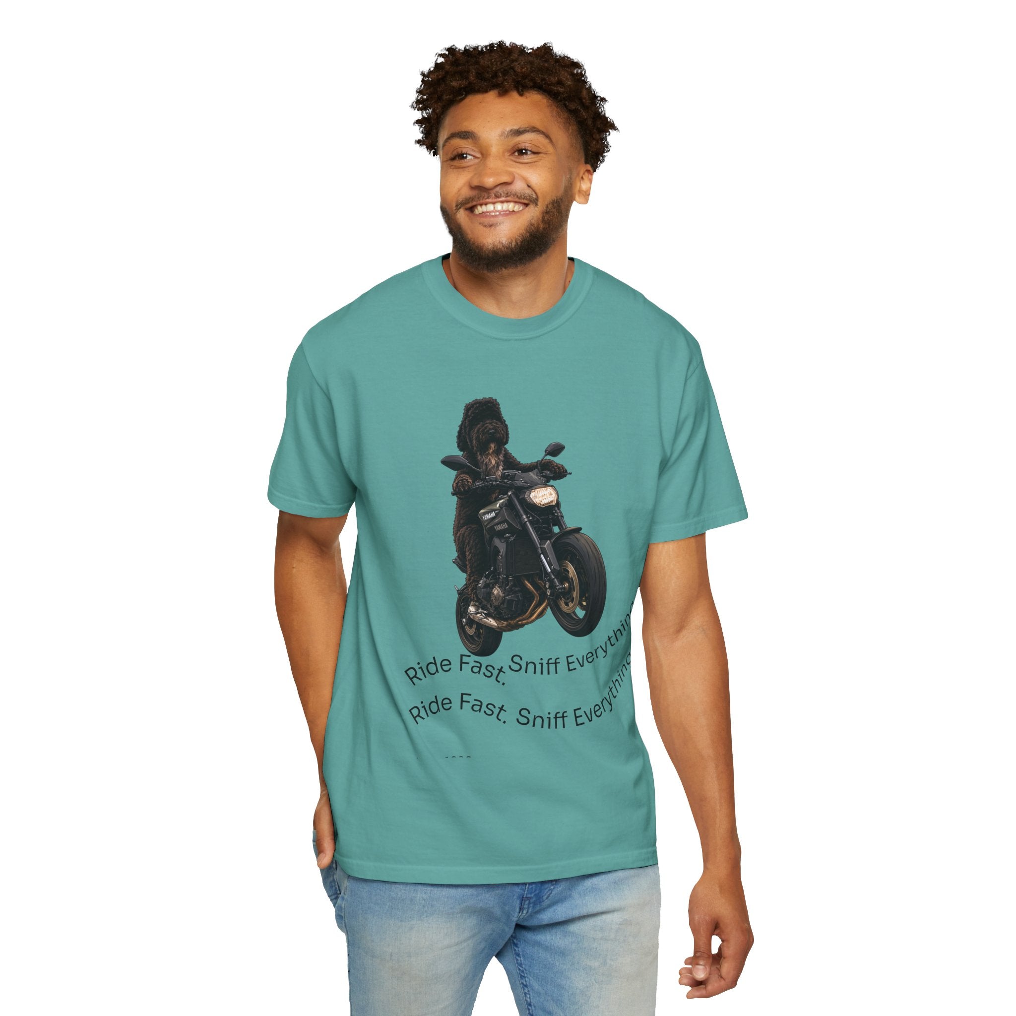Dog Motorcycle Tee — "Ride Fast, Sniff Everything" Graphic T-Shirt