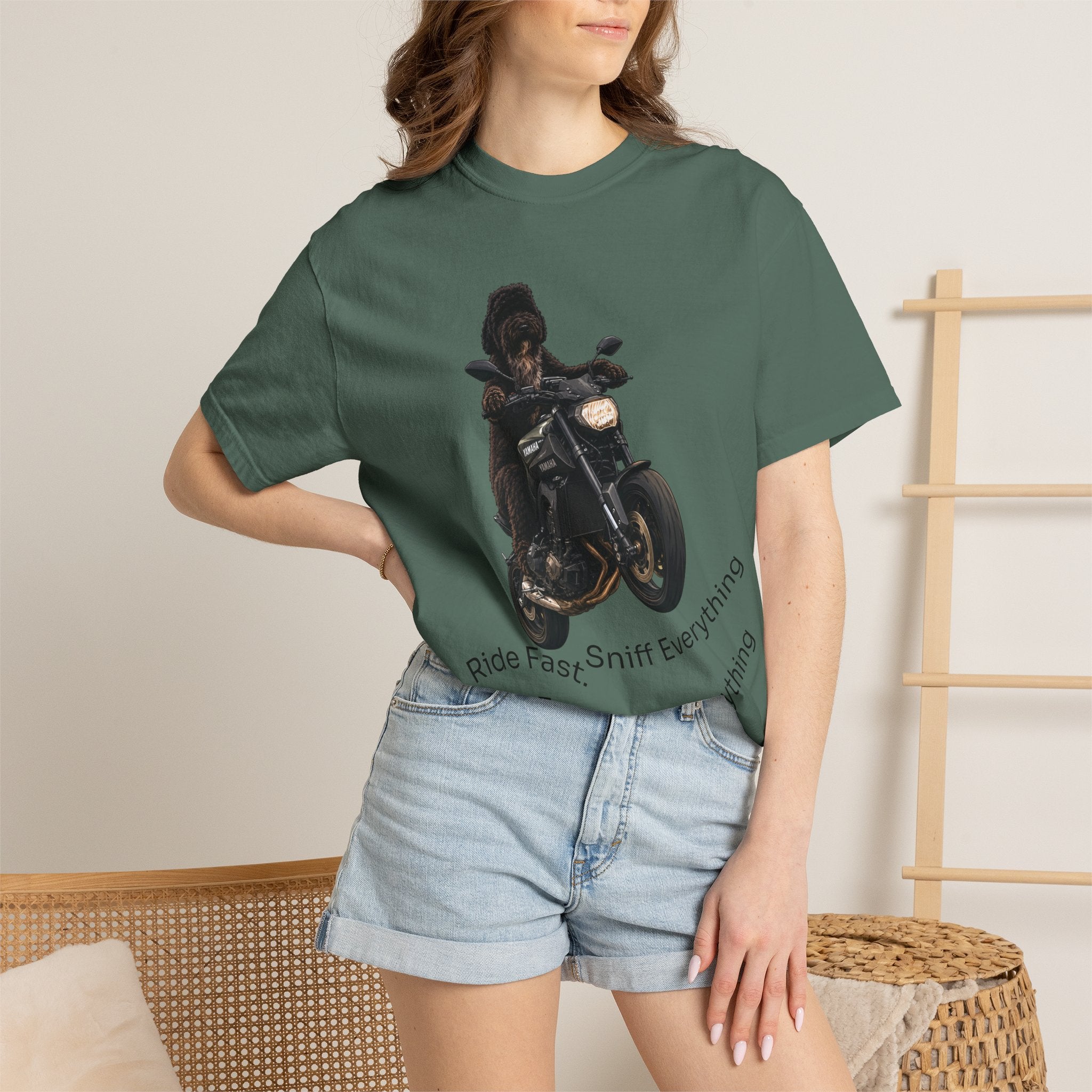 Dog Motorcycle Tee — "Ride Fast, Sniff Everything" Graphic T-Shirt