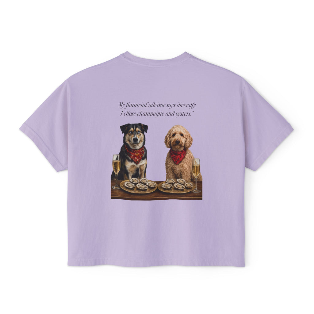 Barnshire CC "Champagne Dogs" Boxy Tee — Cute Dogs & Oysters Graphic