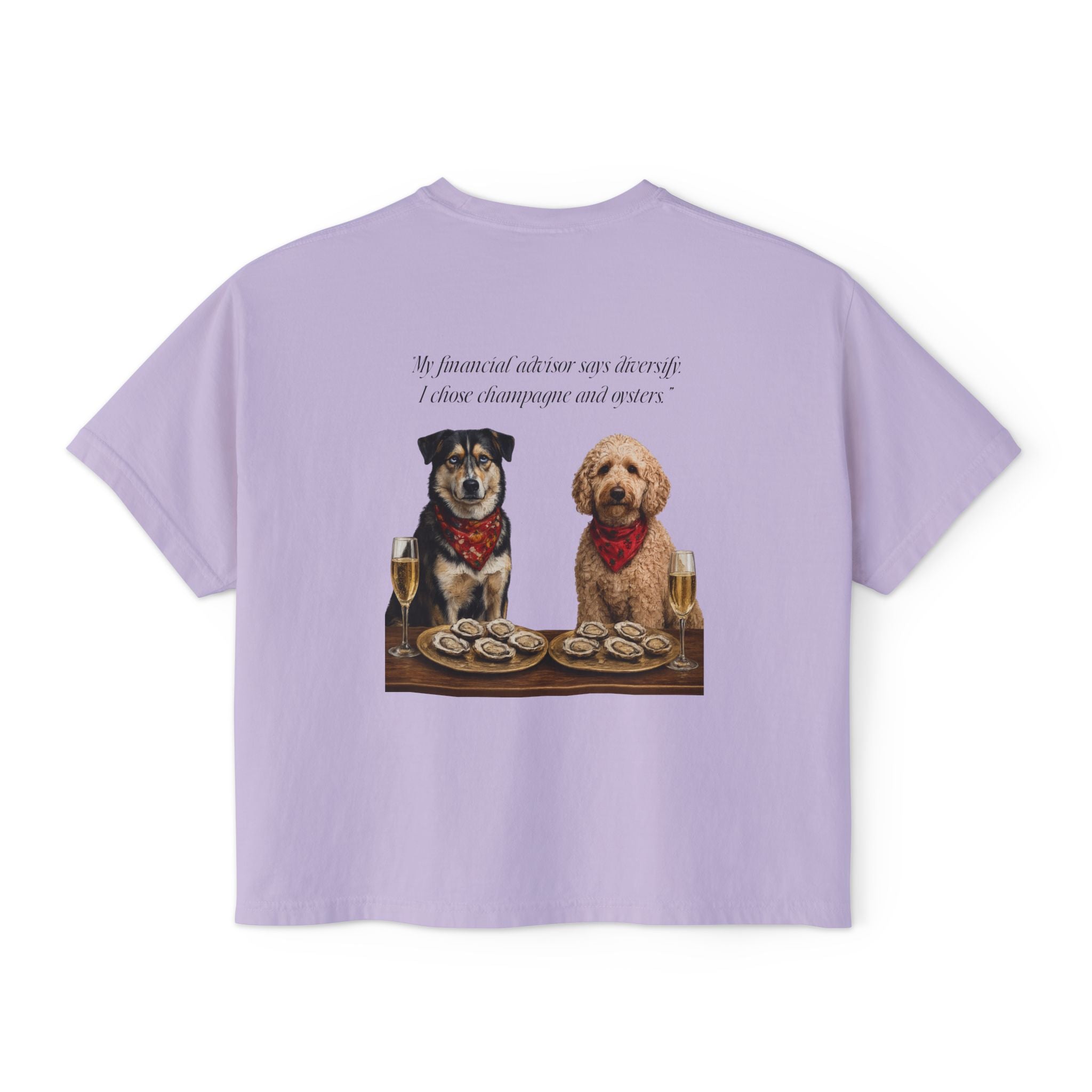 Barnshire CC "Champagne Dogs" Boxy Tee — Cute Dogs & Oysters Graphic