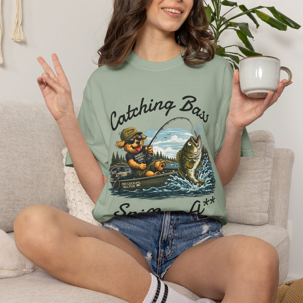 Fishing Dog T-Shirt — Cute Dog Angler in Boat Catching Big Bass