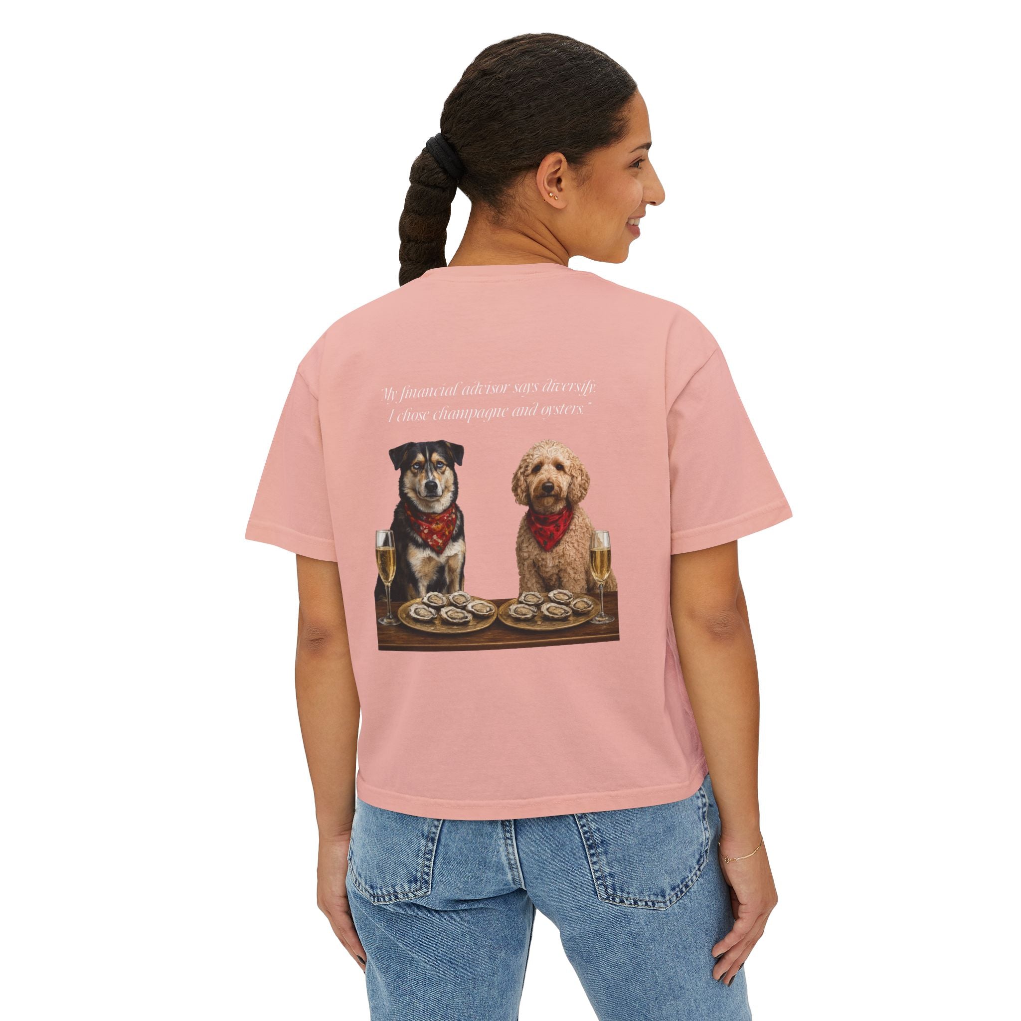 Barnshire CC "Champagne Dogs" Boxy Tee — Cute Dogs & Oysters Graphic