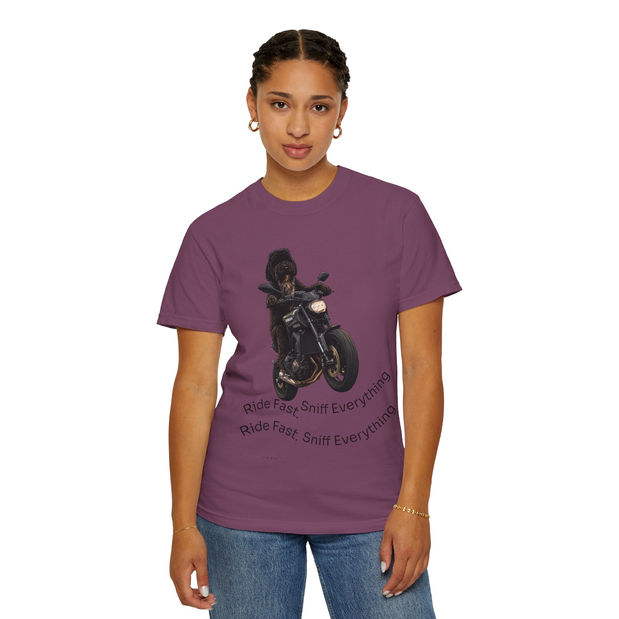 Dog Motorcycle Tee — "Ride Fast, Sniff Everything" Graphic T-Shirt