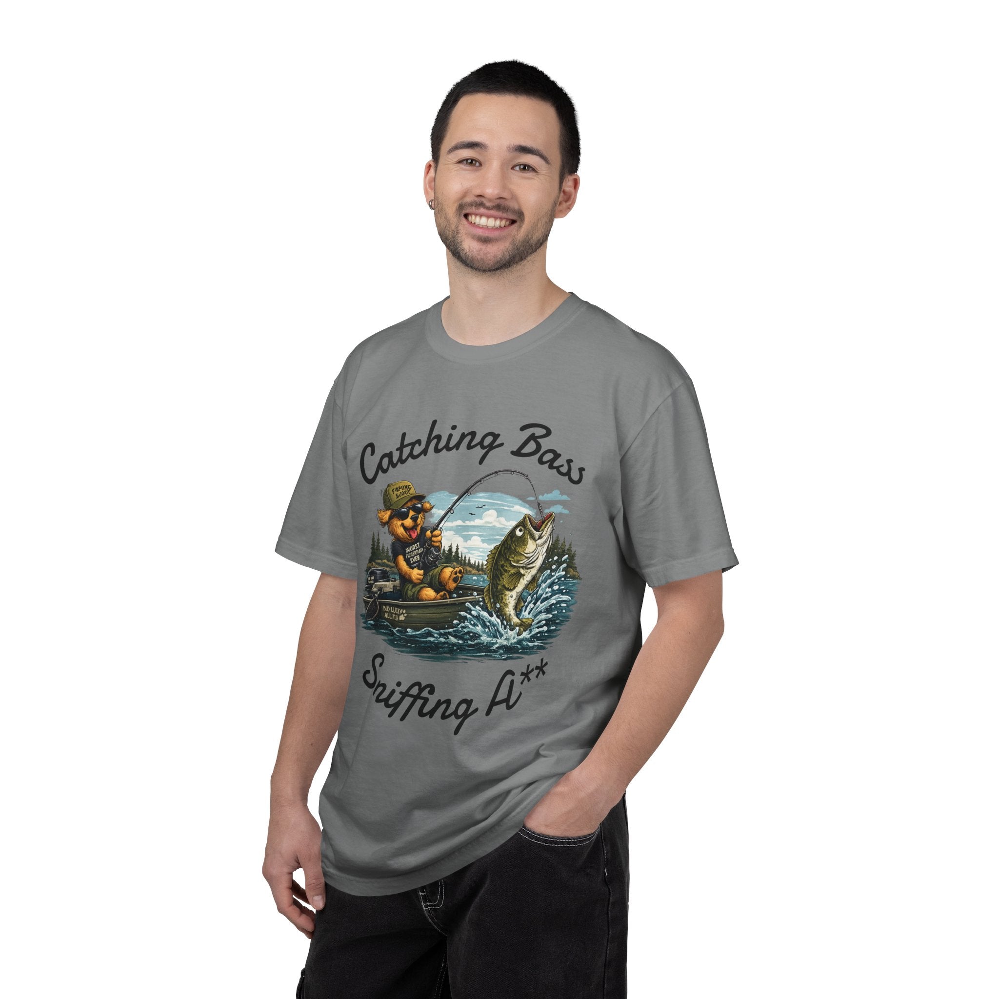 Fishing Dog T-Shirt — Cute Dog Angler in Boat Catching Big Bass
