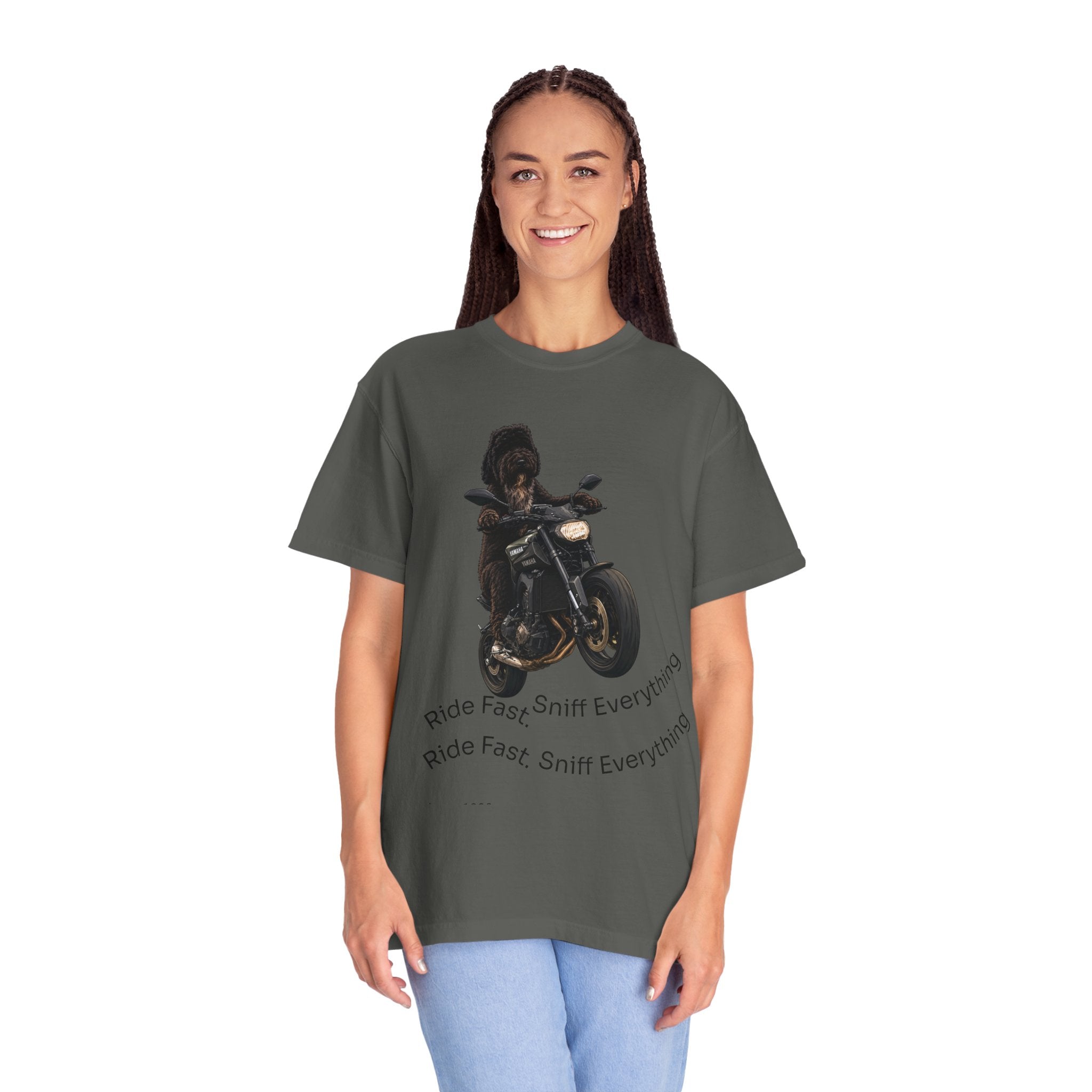 Dog Motorcycle Tee — "Ride Fast, Sniff Everything" Graphic T-Shirt