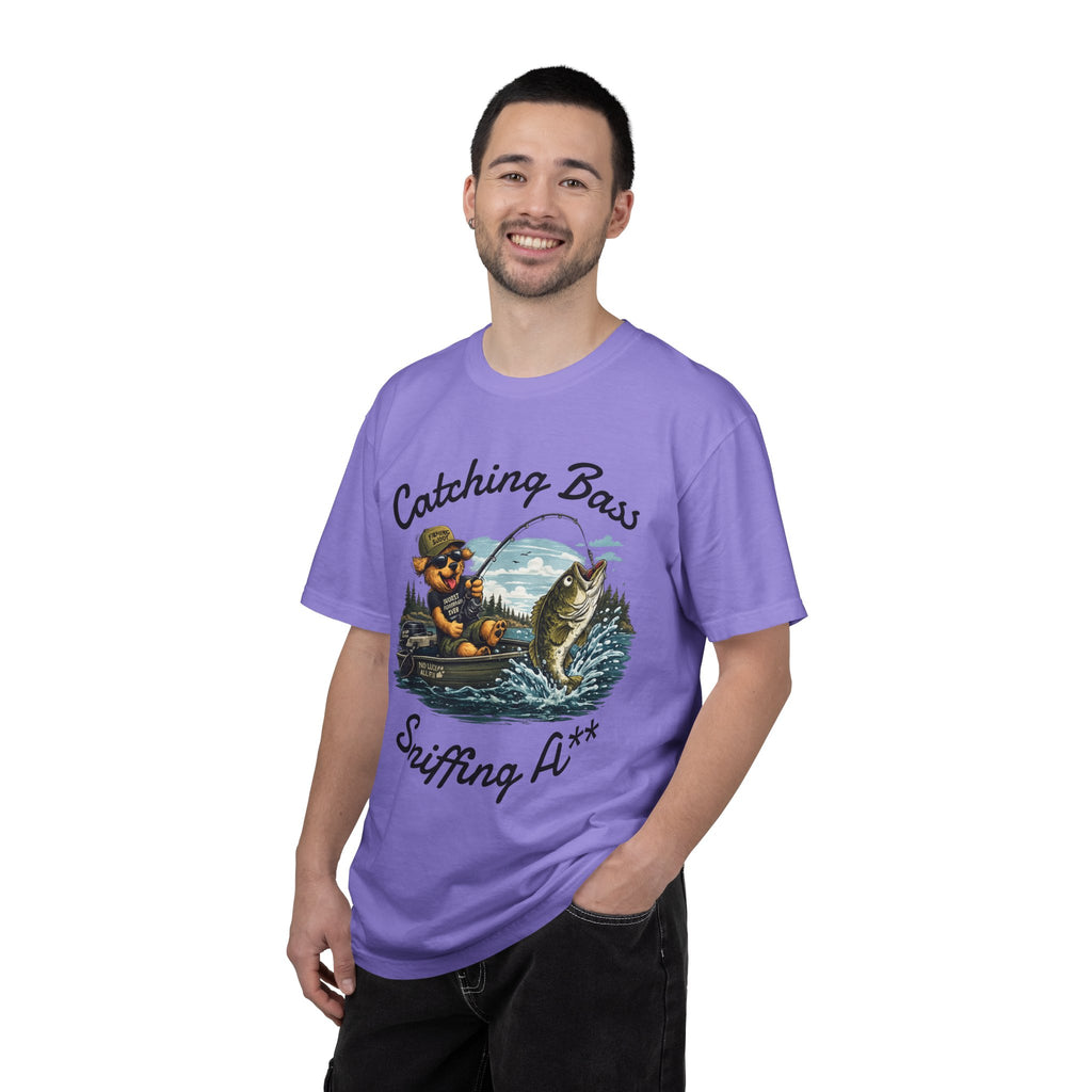 Fishing Dog T-Shirt — Cute Dog Angler in Boat Catching Big Bass