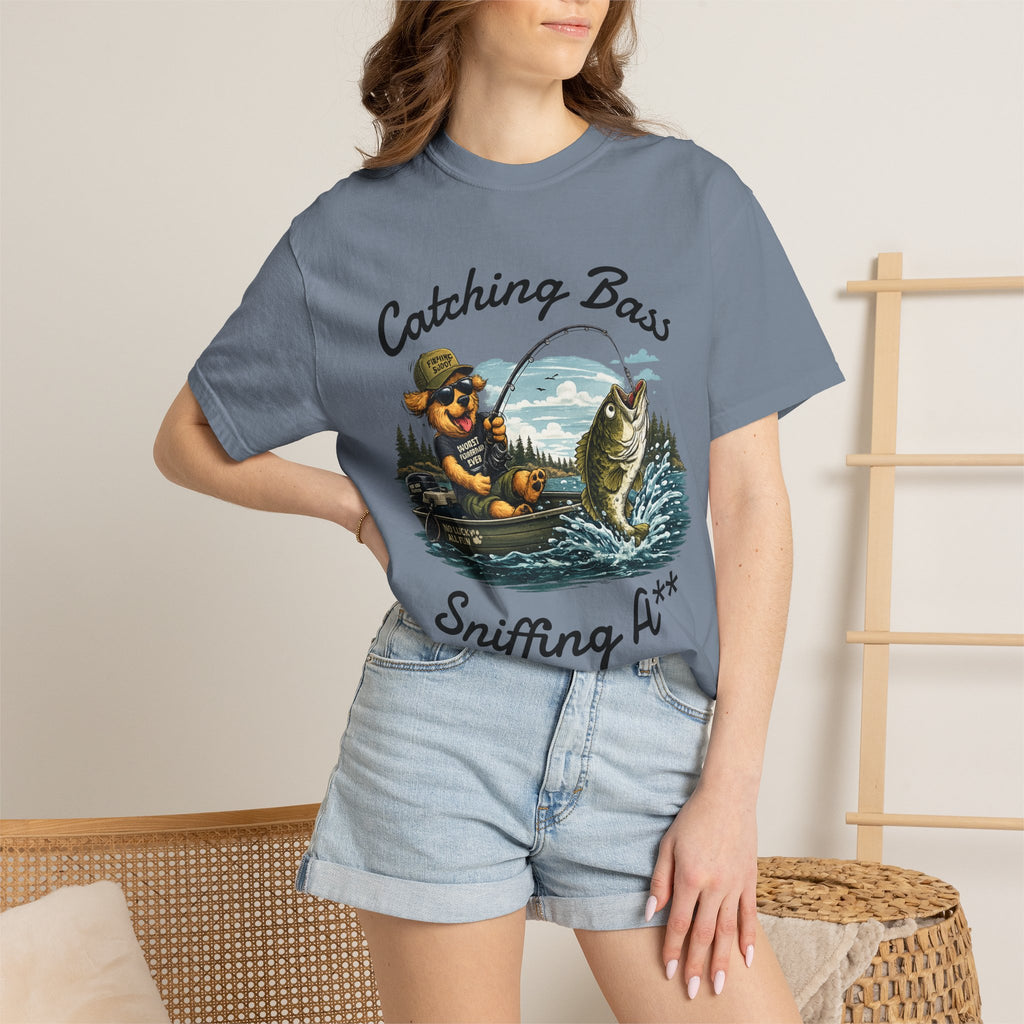 Fishing Dog T-Shirt — Cute Dog Angler in Boat Catching Big Bass