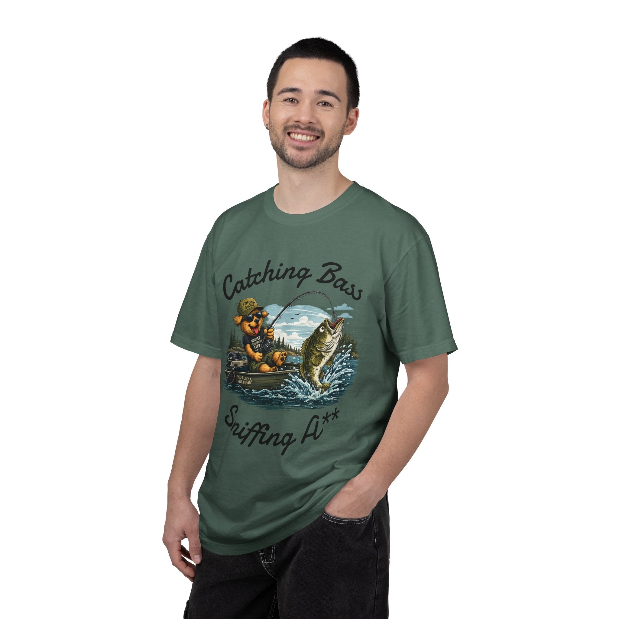 Fishing Dog T-Shirt — Cute Dog Angler in Boat Catching Big Bass