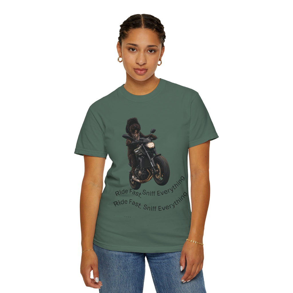 Dog Motorcycle Tee — "Ride Fast, Sniff Everything" Graphic T-Shirt