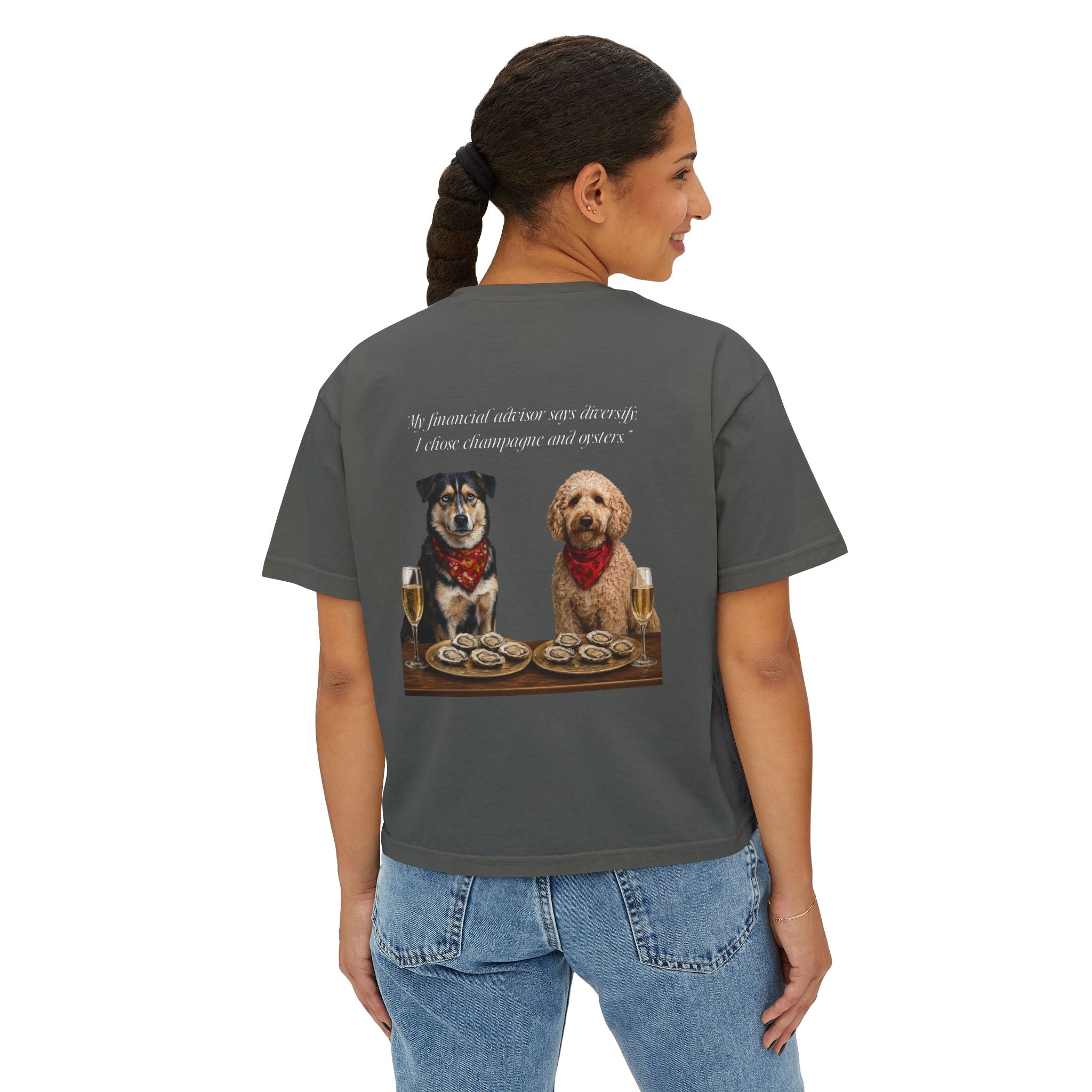 Barnshire CC "Champagne Dogs" Boxy Tee — Cute Dogs & Oysters Graphic