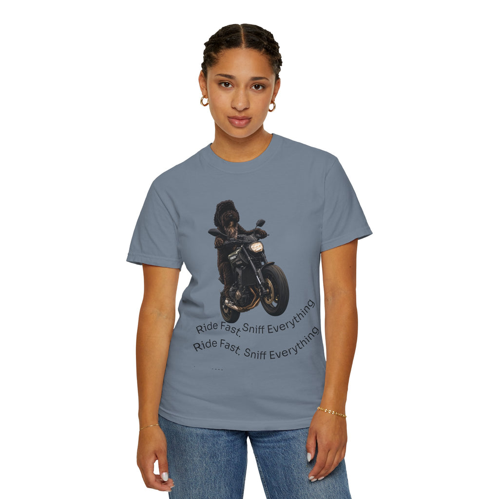 Dog Motorcycle Tee — "Ride Fast, Sniff Everything" Graphic T-Shirt