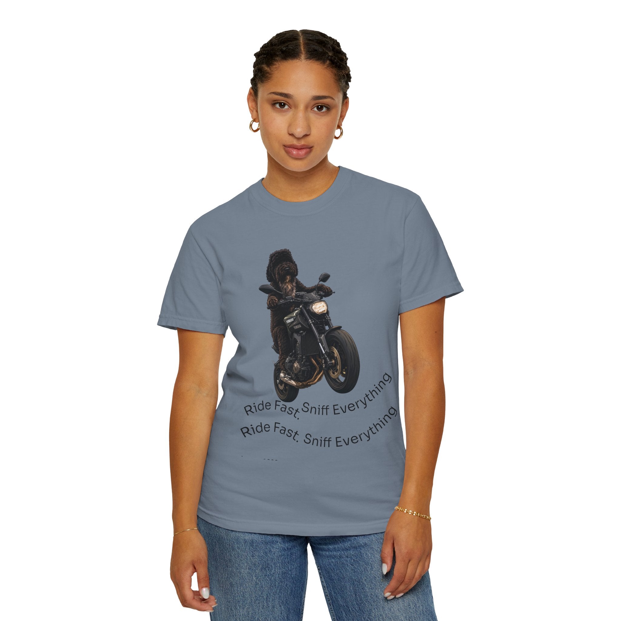 Dog Motorcycle Tee — "Ride Fast, Sniff Everything" Graphic T-Shirt