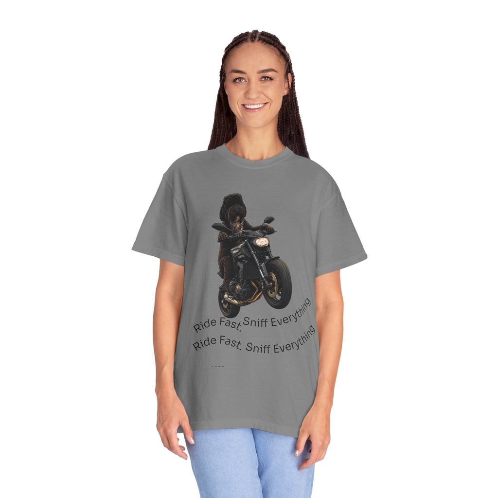 Dog Motorcycle Tee — "Ride Fast, Sniff Everything" Graphic T-Shirt