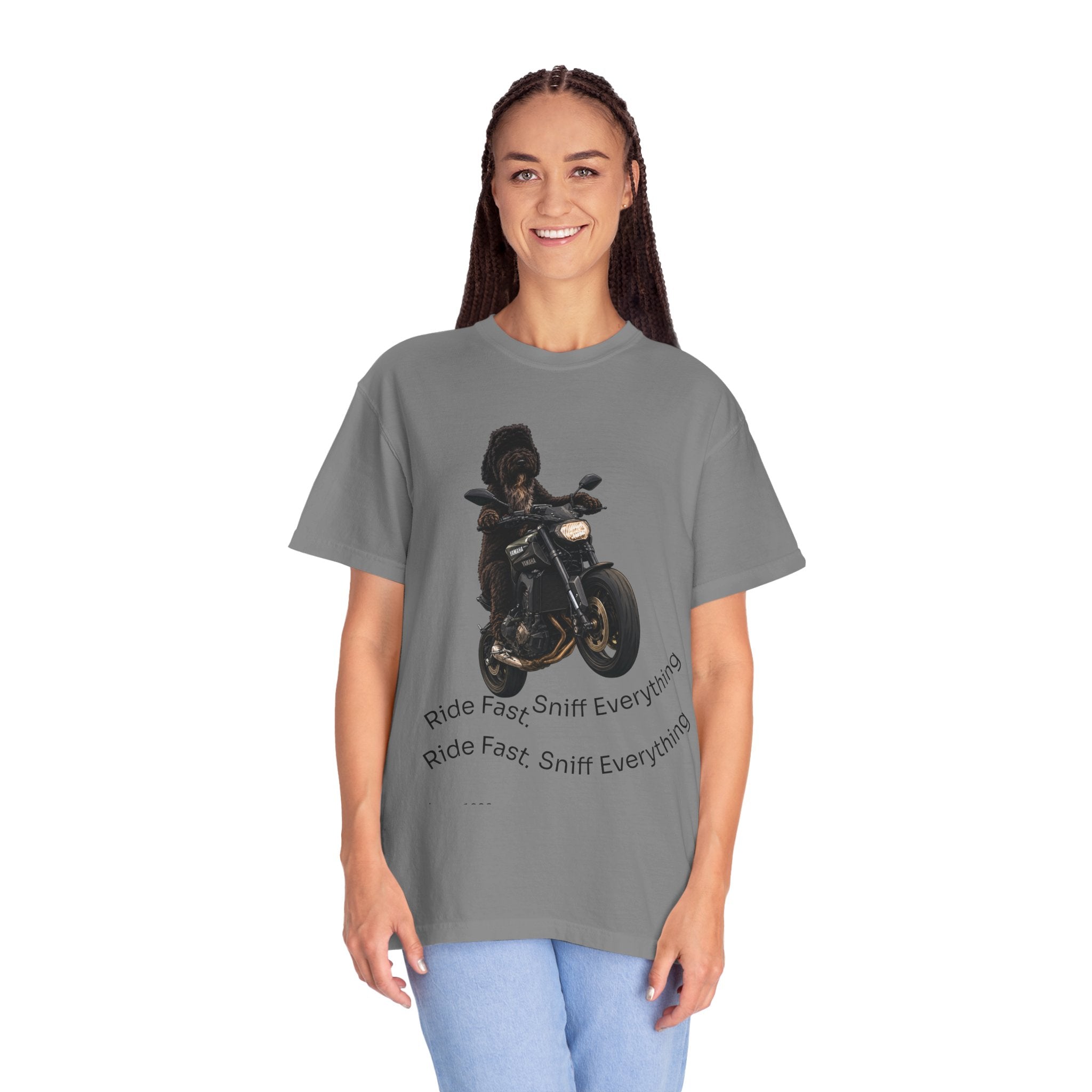 Dog Motorcycle Tee — "Ride Fast, Sniff Everything" Graphic T-Shirt