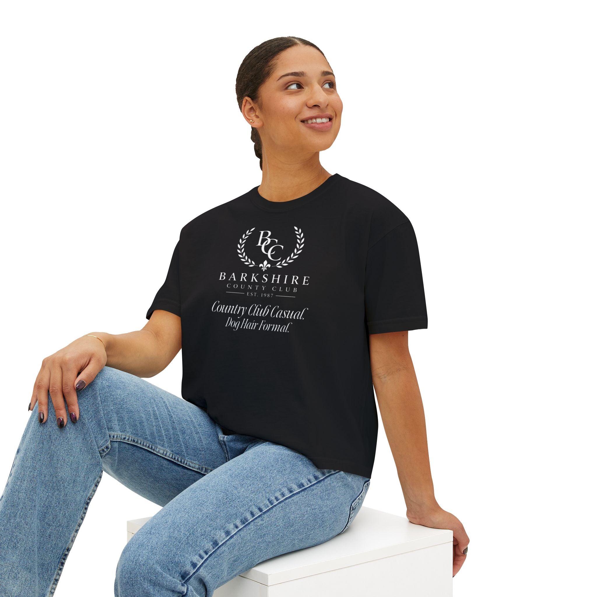 Barnshire CC "Champagne Dogs" Boxy Tee — Cute Dogs & Oysters Graphic