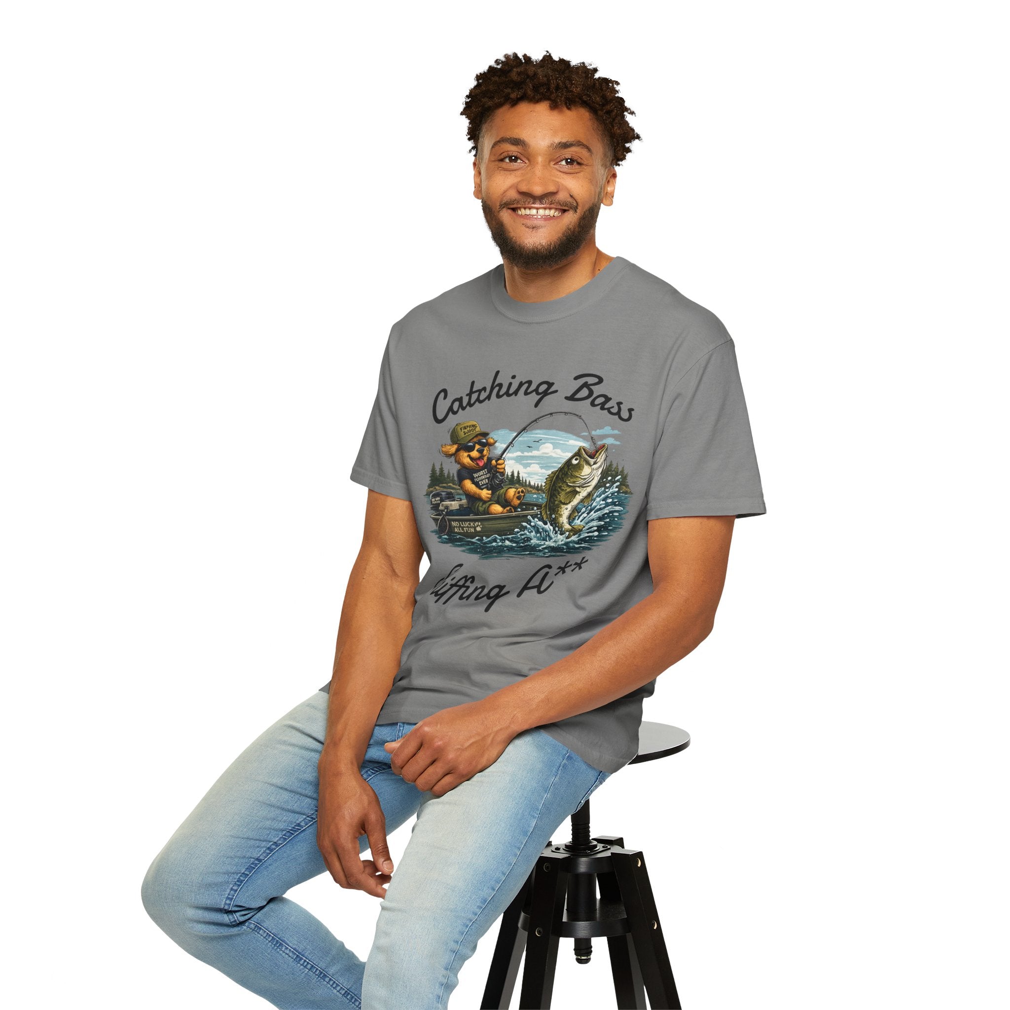 Fishing Dog T-Shirt — Cute Dog Angler in Boat Catching Big Bass