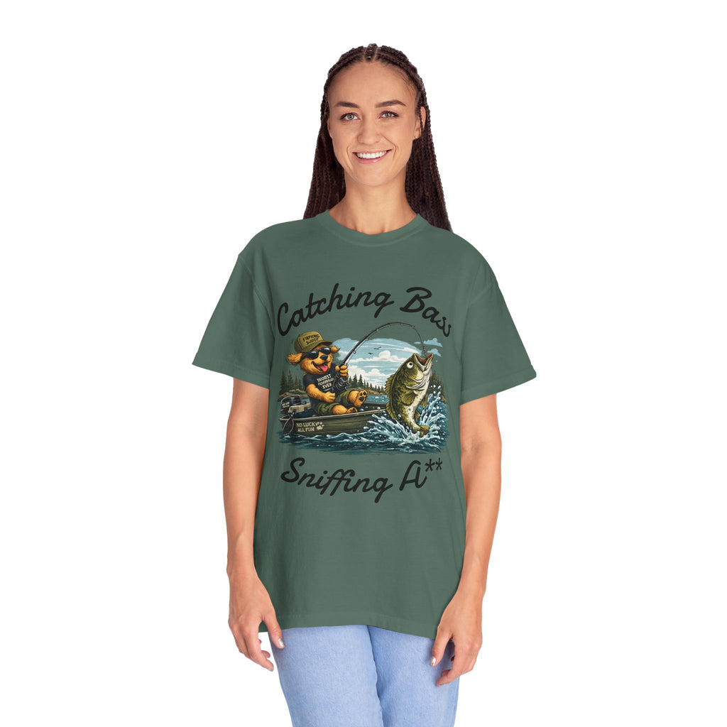 Fishing Dog T-Shirt — Cute Dog Angler in Boat Catching Big Bass