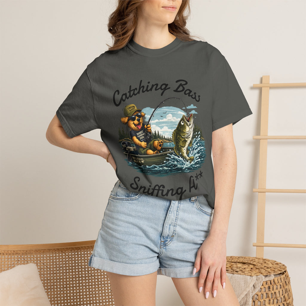 Fishing Dog T-Shirt — Cute Dog Angler in Boat Catching Big Bass