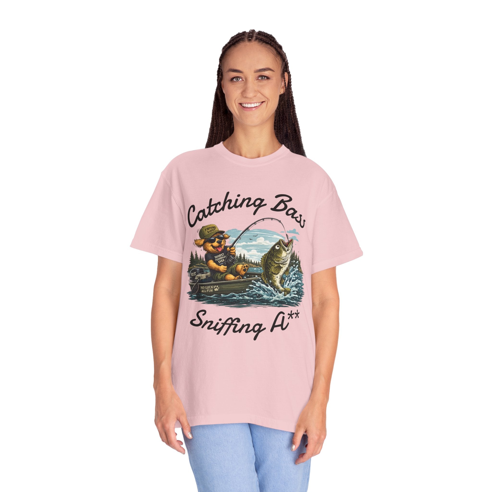 Fishing Dog T-Shirt — Cute Dog Angler in Boat Catching Big Bass