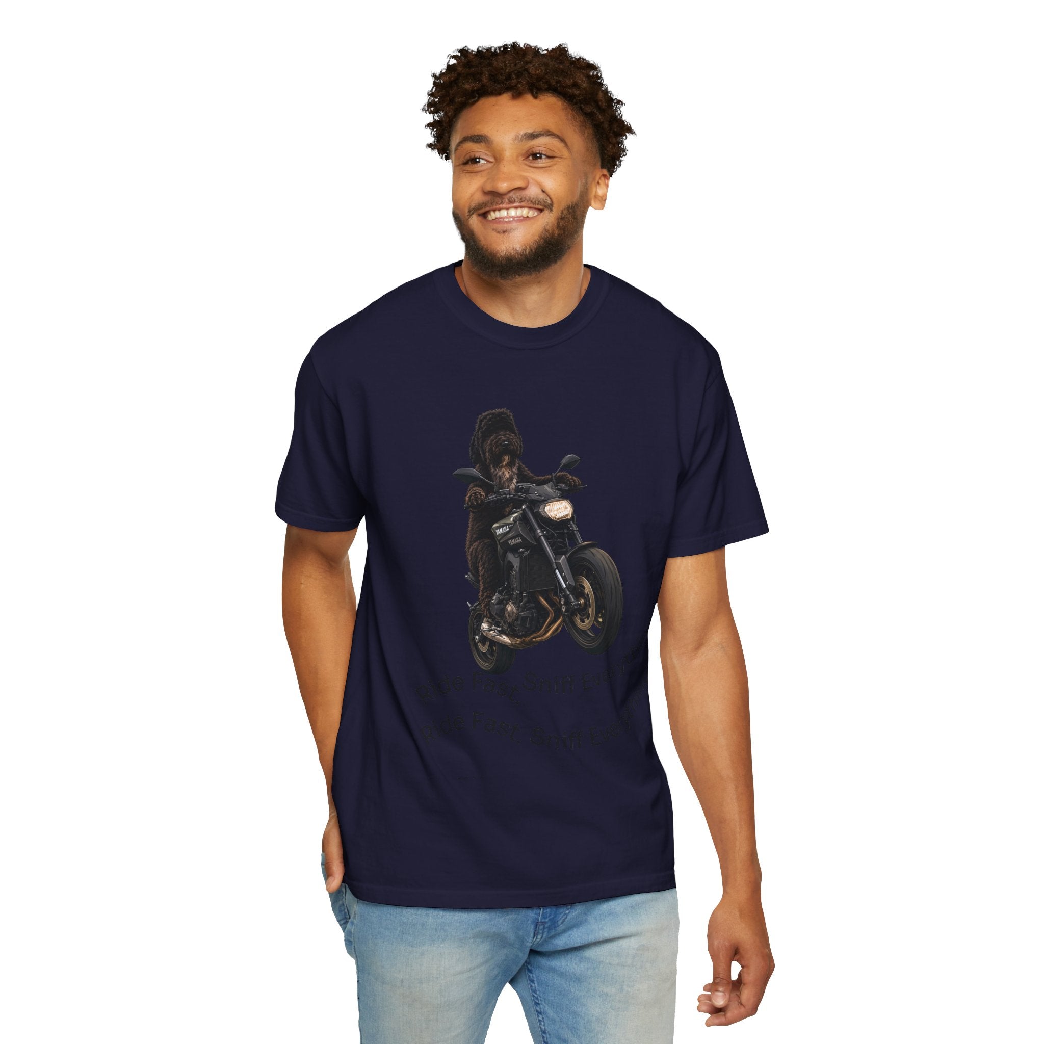 Dog Motorcycle Tee — "Ride Fast, Sniff Everything" Graphic T-Shirt