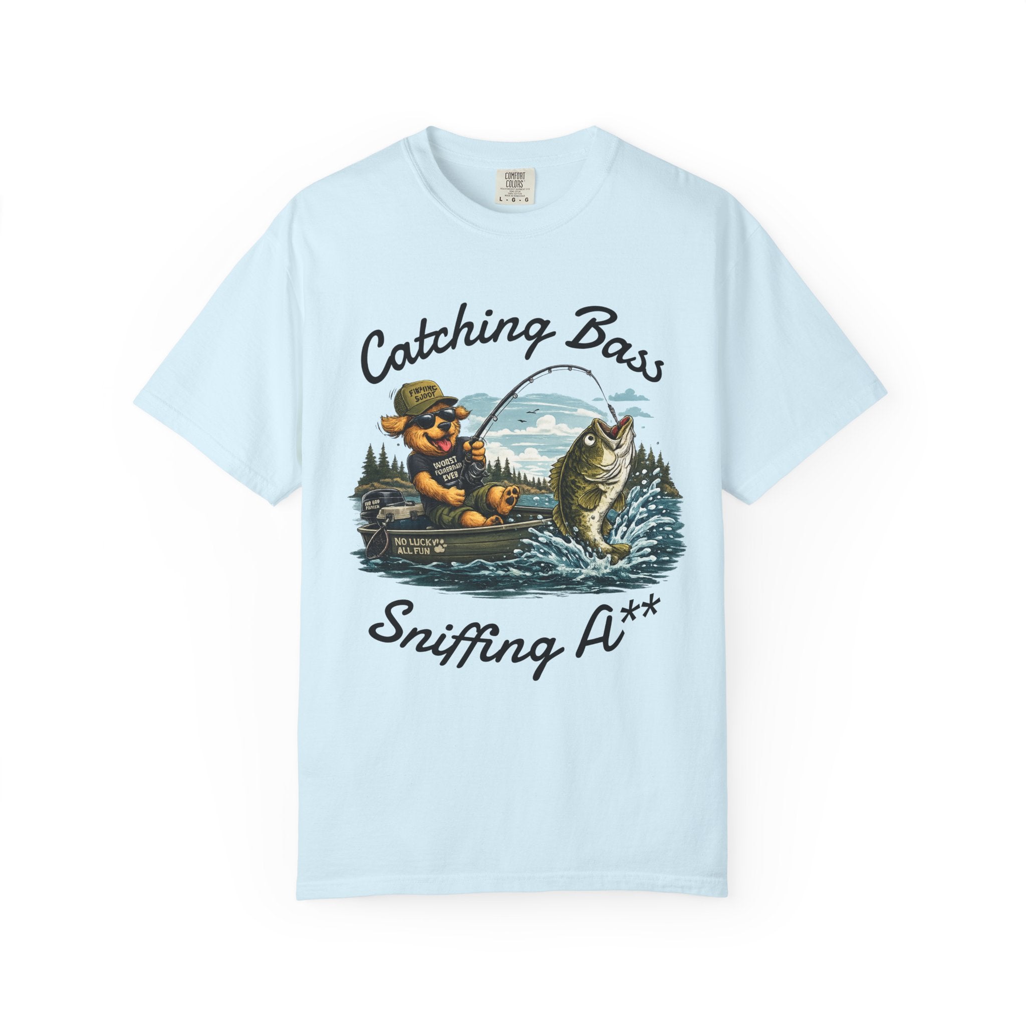 Fishing Dog T-Shirt — Cute Dog Angler in Boat Catching Big Bass