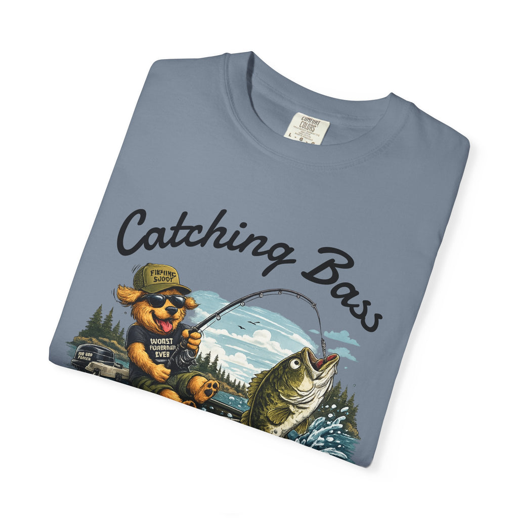 Fishing Dog T-Shirt — Cute Dog Angler in Boat Catching Big Bass