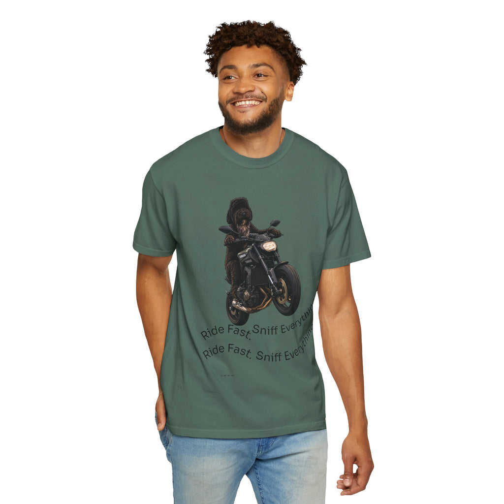 Dog Motorcycle Tee — "Ride Fast, Sniff Everything" Graphic T-Shirt