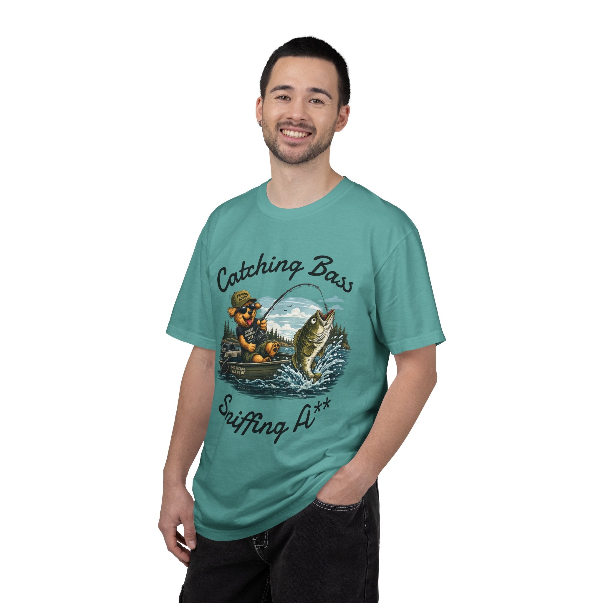 Fishing Dog T-Shirt — Cute Dog Angler in Boat Catching Big Bass