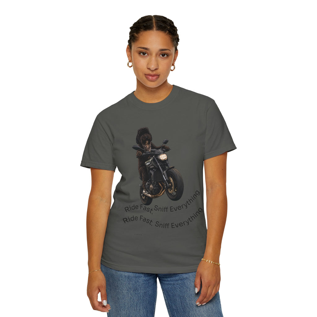 Dog Motorcycle Tee — "Ride Fast, Sniff Everything" Graphic T-Shirt