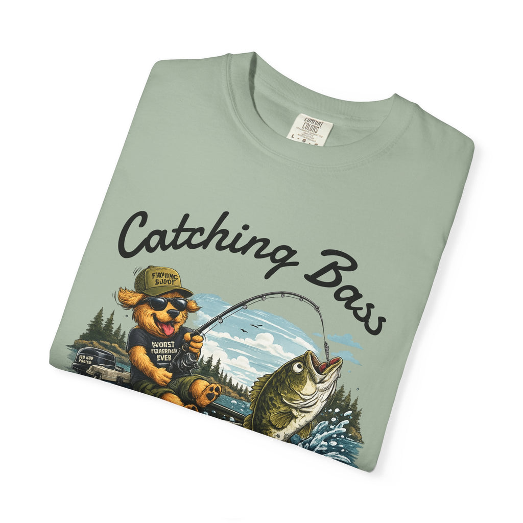 Fishing Dog T-Shirt — Cute Dog Angler in Boat Catching Big Bass