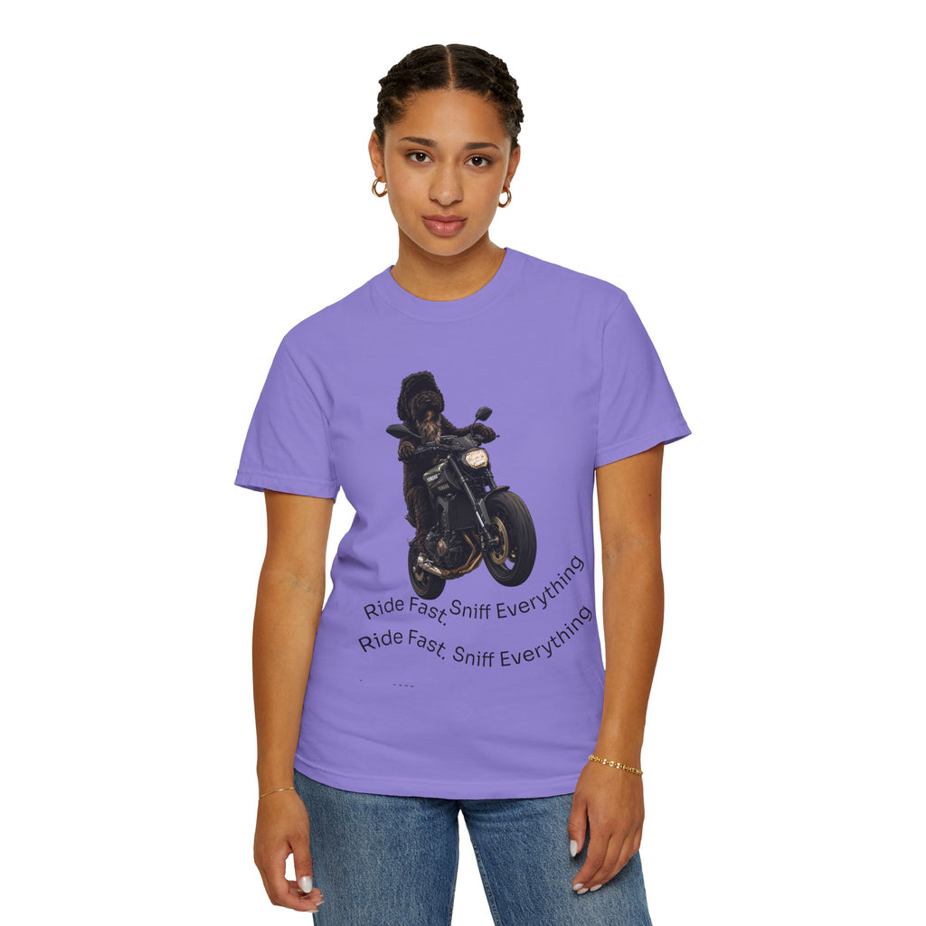 Dog Motorcycle Tee — "Ride Fast, Sniff Everything" Graphic T-Shirt
