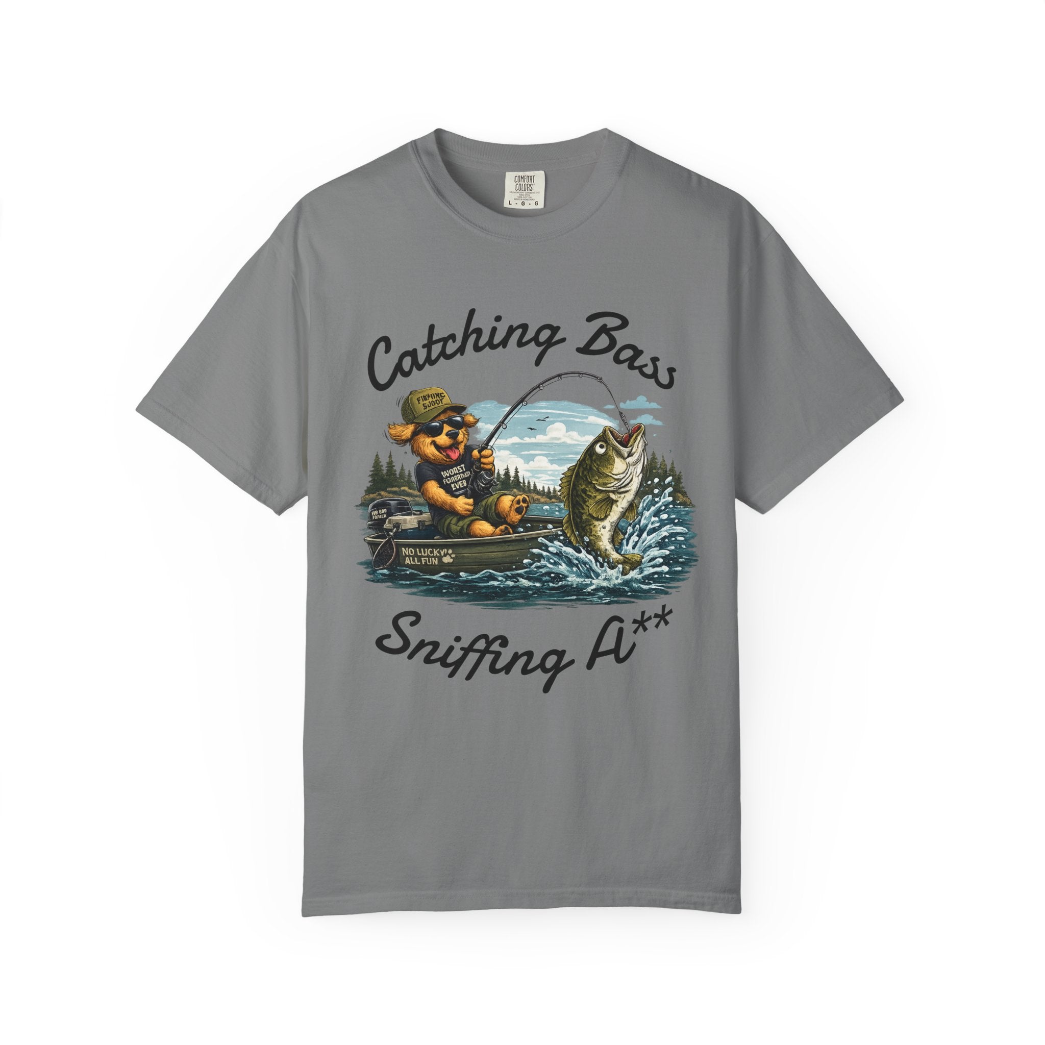 Fishing Dog T-Shirt — Cute Dog Angler in Boat Catching Big Bass