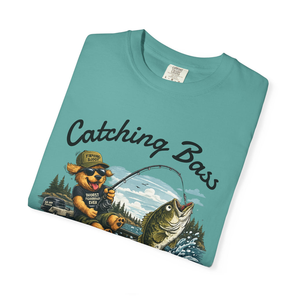 Fishing Dog T-Shirt — Cute Dog Angler in Boat Catching Big Bass