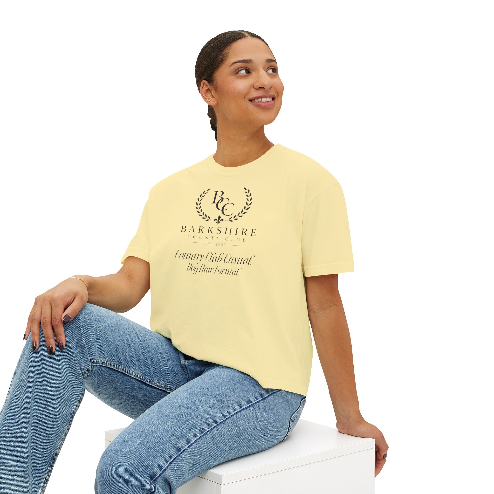 Barnshire CC "Champagne Dogs" Boxy Tee — Cute Dogs & Oysters Graphic