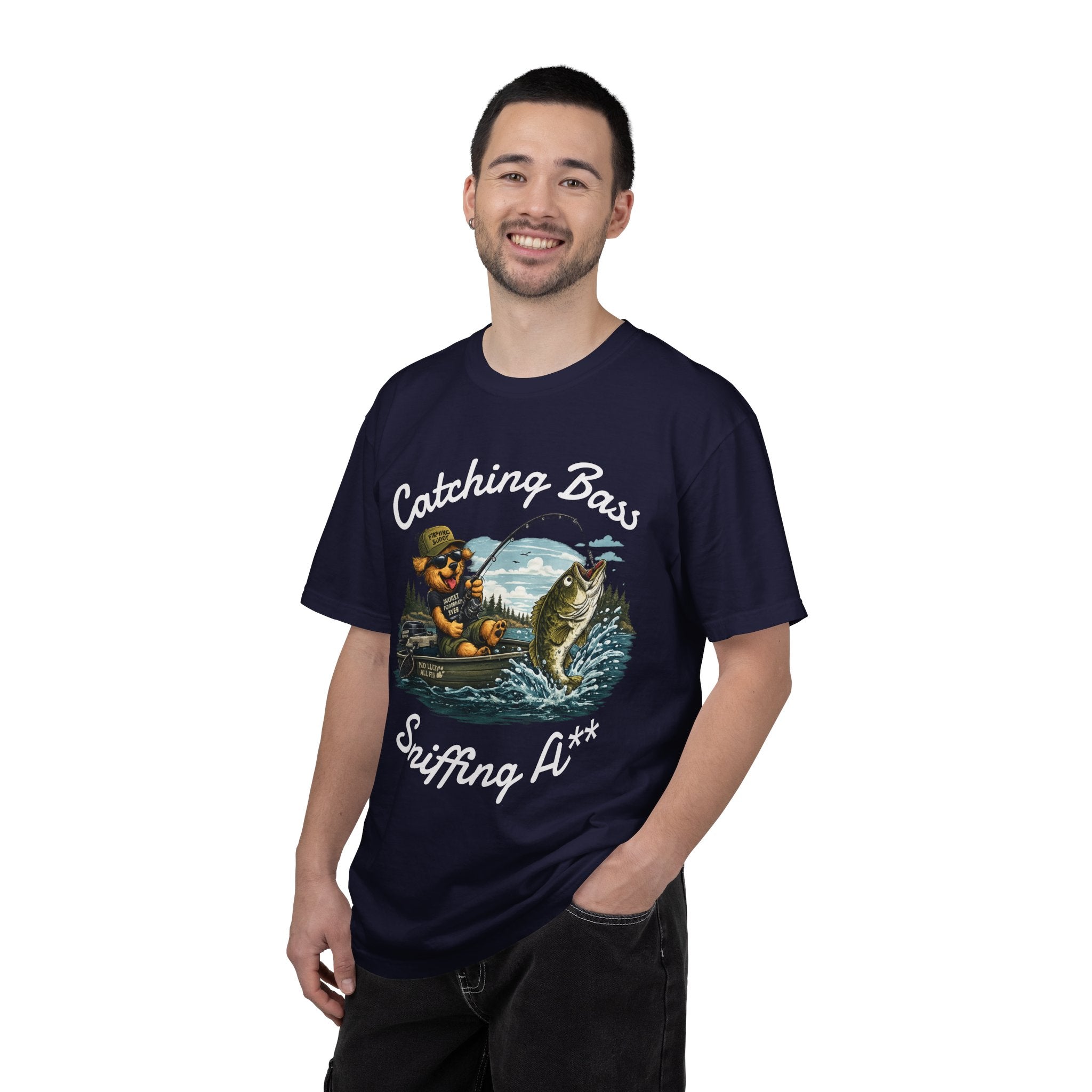 Fishing Dog T-Shirt — Cute Dog Angler in Boat Catching Big Bass