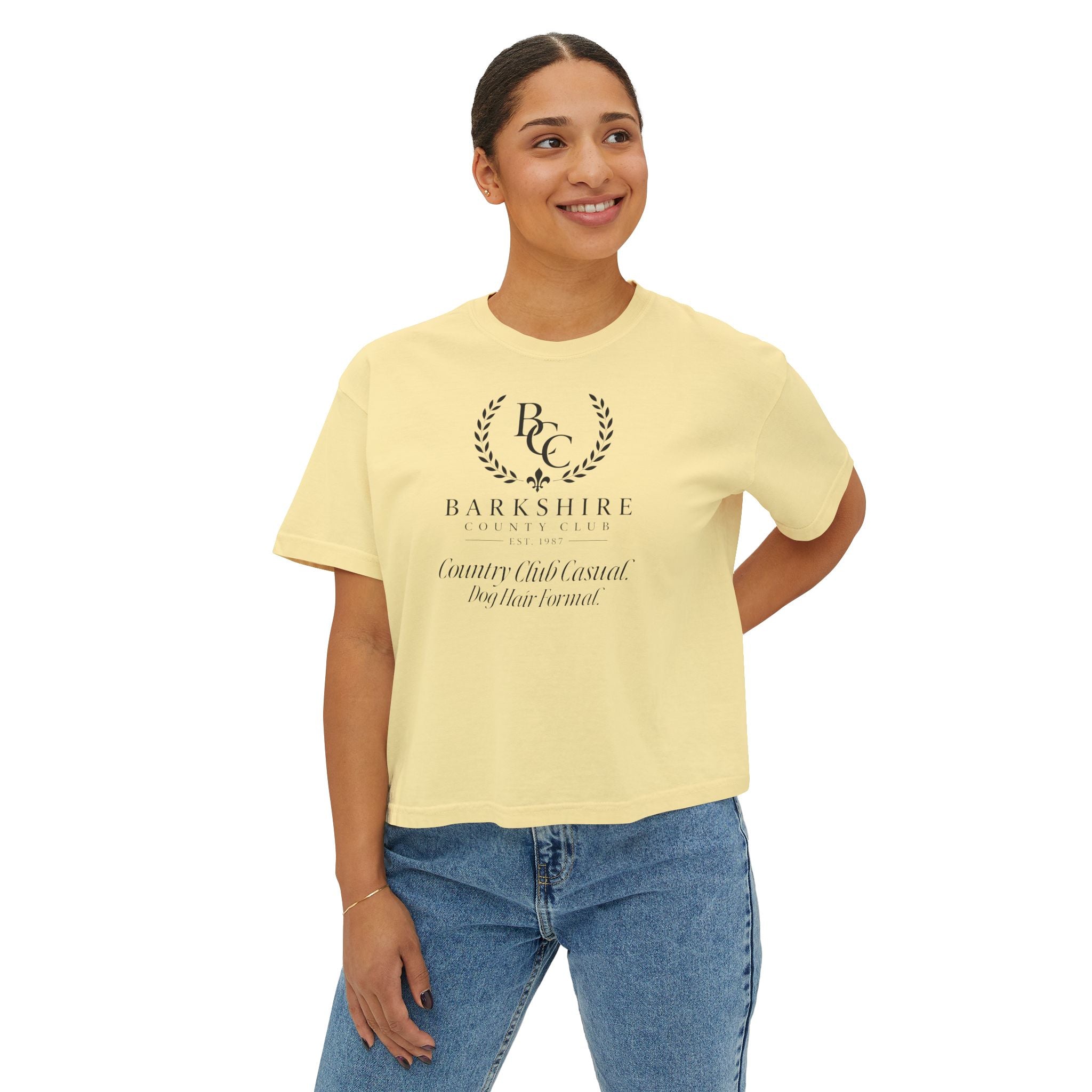 Barnshire CC "Champagne Dogs" Boxy Tee — Cute Dogs & Oysters Graphic